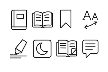 Obraz premium eBook Reader Line Icons. Line style icons of eBook reader apps: book cover, reading page, bookmark icon, font size. highlight tool
