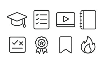 Learning App Icons. Line style icons of learning apps: graduation cap, course list, video lesson, notebook. quiz icon, certificate