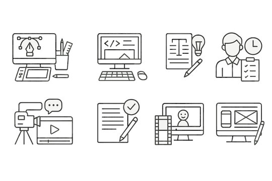 Creative Job Icons. Line style icons of creative professions: graphic designer, web developer, copywriter, project manager.