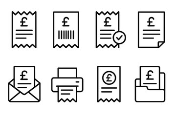 Shopping Receipt Icons. Line style icons of shopping receipts and tracking: order number, barcode receipt, delivery status, order