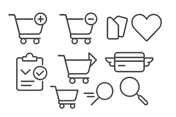 Shopping Action Icons. Line style icons of shopping actions: add to cart, remove from cart, favorite item, compare products.