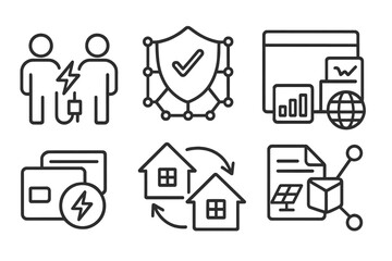 Climate Tech Icons. Line style icons of climate tech and green innovation: peer-to-peer energy trade icon, smart contract badge,