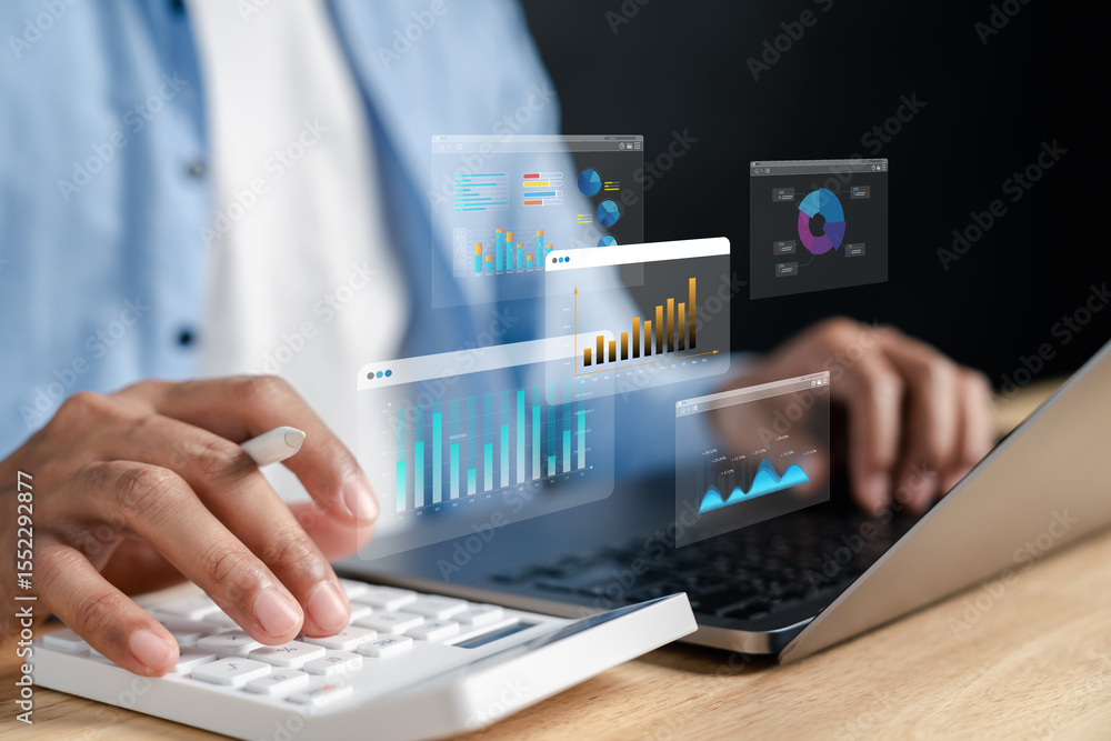 Aufkleber financial data analytics and accounting management system with futuristic dashboard charts. perfect 