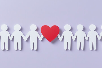 Paper cut-out figures holding hands, with a red heart representing love and unity on a light purple background. Symbolizing connection and support.