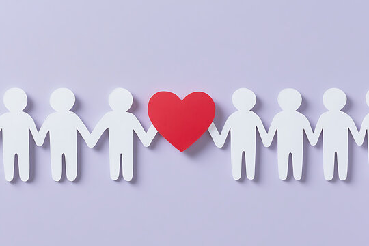 Paper cut-out figures holding hands, with a red heart representing love and unity on a light purple background. Symbolizing connection and support.