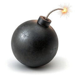 A black round bomb with a lit fuse on a white background ready to explode and cause destruction
