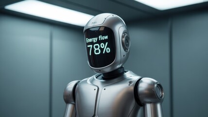 Futuristic silver robot displaying energy flow percentage in high-tech setting