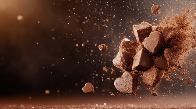 An artistic depiction of chocolate pieces bursting apart, capturing the delightful essence of sweetness and indulgence with beautifully arranged heart-shaped chocolates.