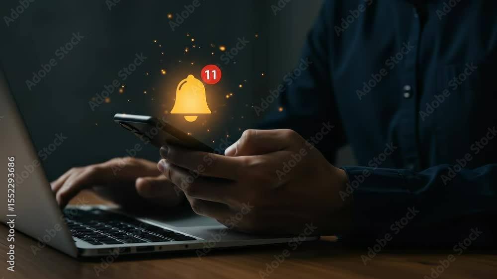 Poster notifications overload: man using phone & laptop - 11 unread alerts, digital distraction, multitaski