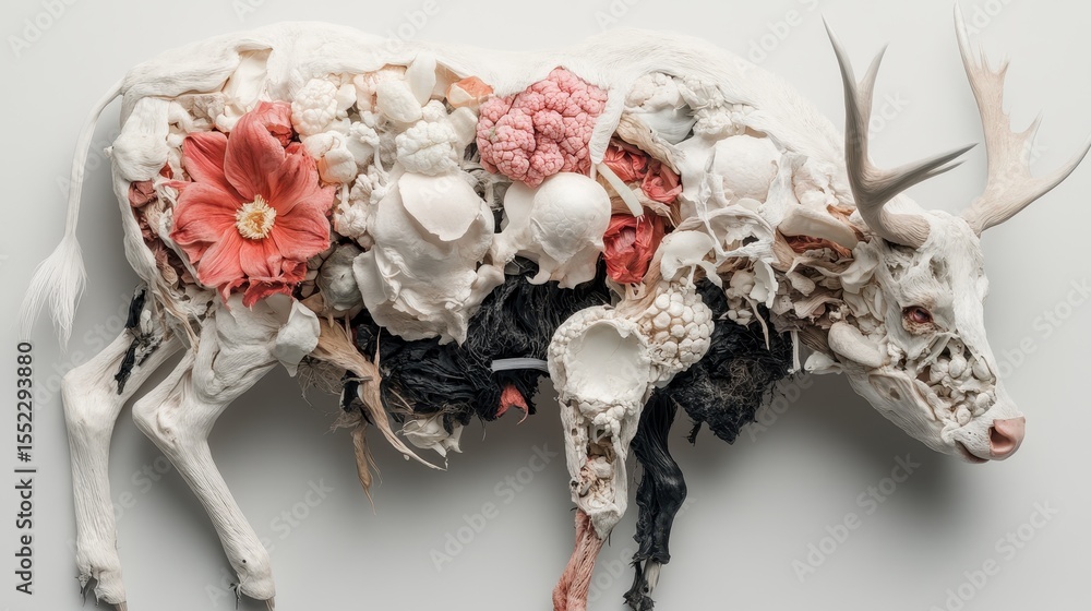 Poster a stunning artistic composition featuring organic shapes and textures, merging floral elements with 