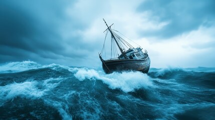 A weathered fishing boat battles fierce waves in a turbulent sea, showcasing the raw power of nature and the spirit of adventure against a dramatic sky.