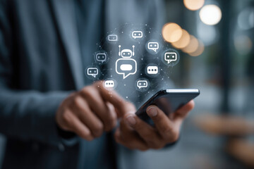 Digital chatbots on smartphones access data and information in online networks. Robot Applications and Global Connectivity AI Artificial Intelligence innovation and technology