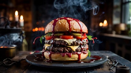 Delicious double cheeseburger with dripping sauce perfect for food photography and menu design