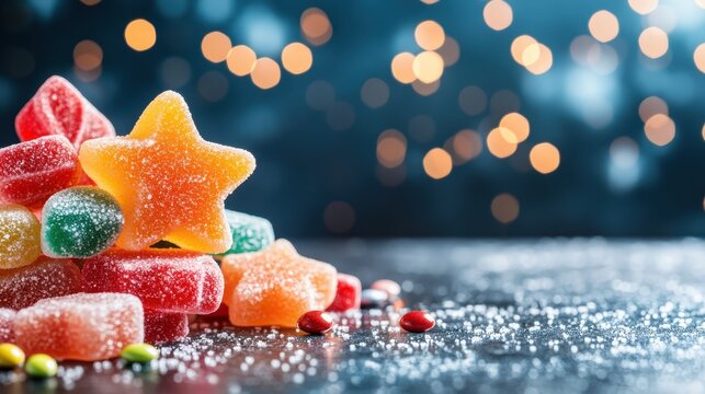 A vibrant collection of star-shaped gummies and other sweets tumbles over each other, contrasted against a blurred, softly illuminated backdrop of holiday cheer.