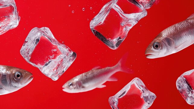 Fish and ice cubes floating on vibrant red background