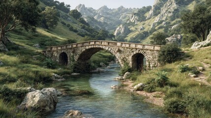 Serene Stone Bridge Arching Over a Tranquil Mountain Stream