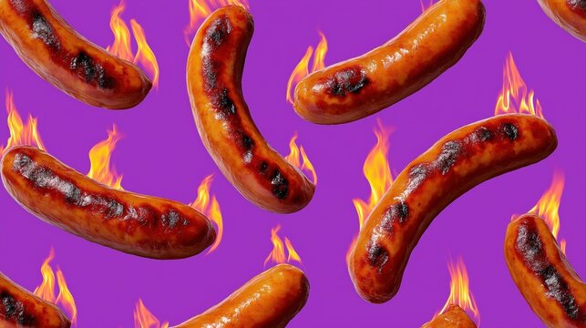 Grilled sausages on fire against vibrant purple background - Powered by Adobe