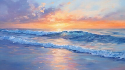 Fototapeta premium Ocean Sunset Serenity: The sun dips towards the horizon casting a golden glow, as gentle waves caress the shoreline, creating a sense of tranquility. The sky is painted with soft pastel colors
