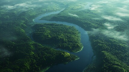 Fototapeta premium Lush river winding through misty mountain landscape