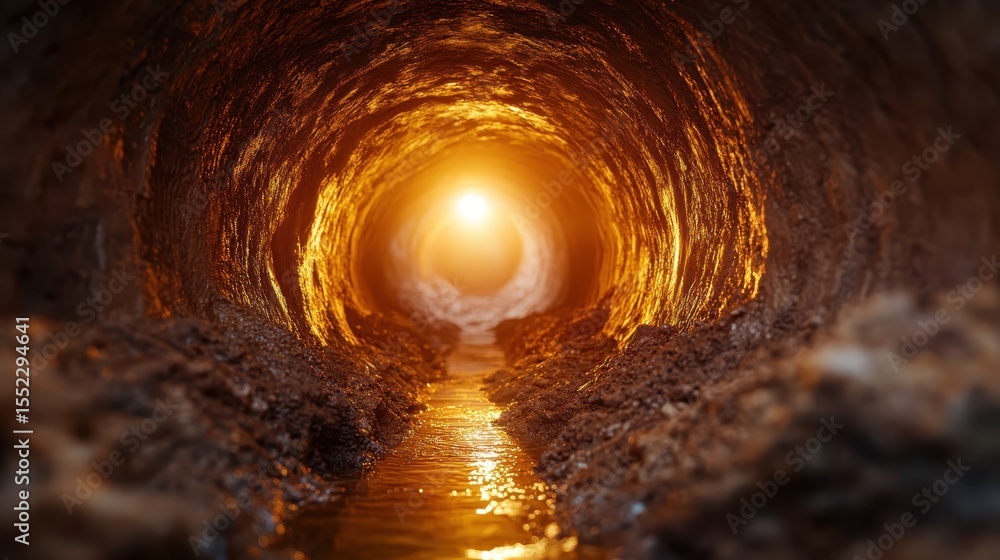 Poster a mesmerizing view of a tunnel where shimmering light streams in, creating an ethereal atmosphere th