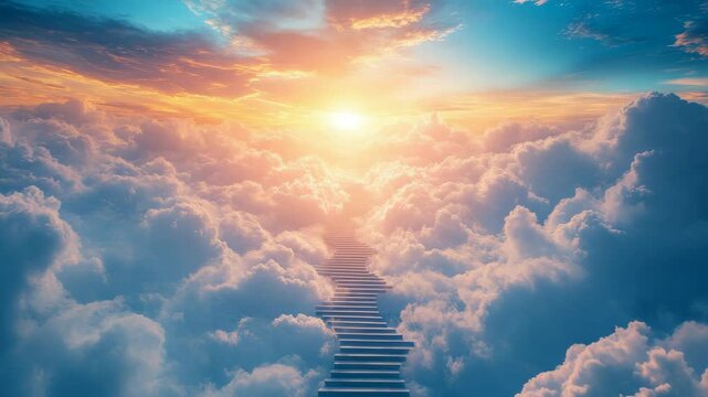 Dreamlike stairway rising through soft clouds toward a glowing sunrise, painted sky background, concept of heaven or afterlife journey