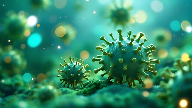 Microscopic View of Green Viral Cells on Surface