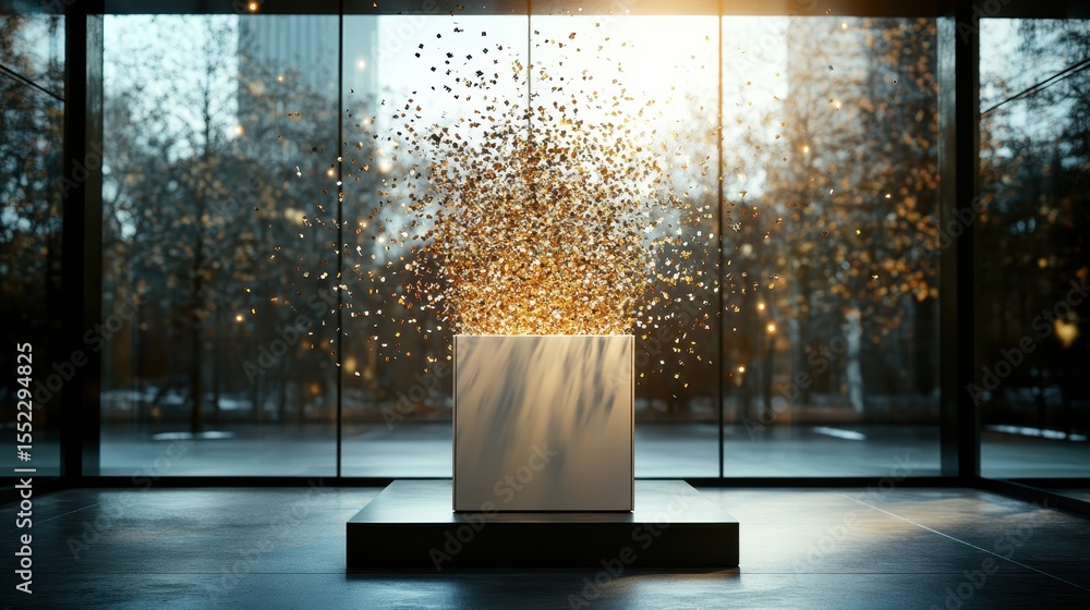 Poster an intriguing art installation featuring a white cube emanating shimmering particles, capturing ligh