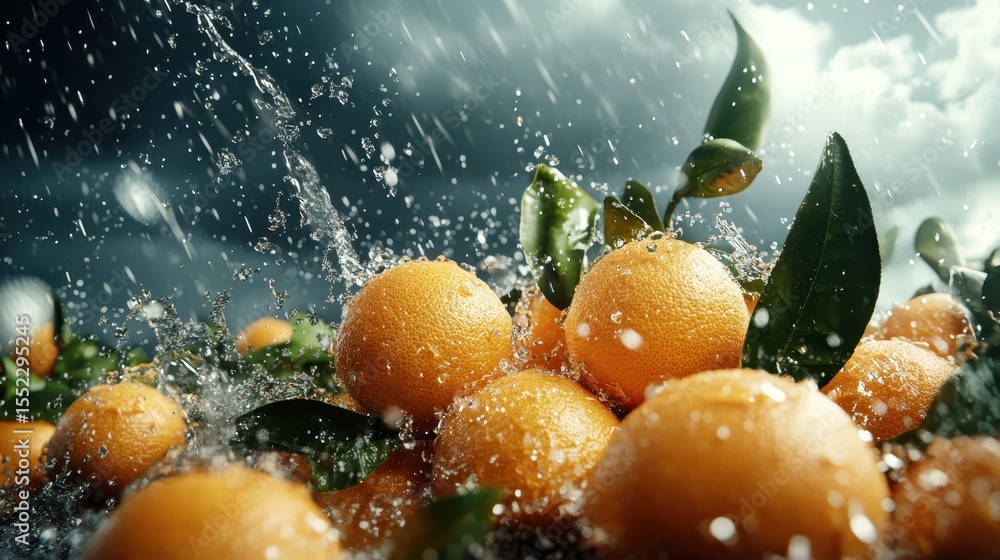 Poster this image captures a vibrant display of fresh oranges surrounded by splashing water droplets, highl