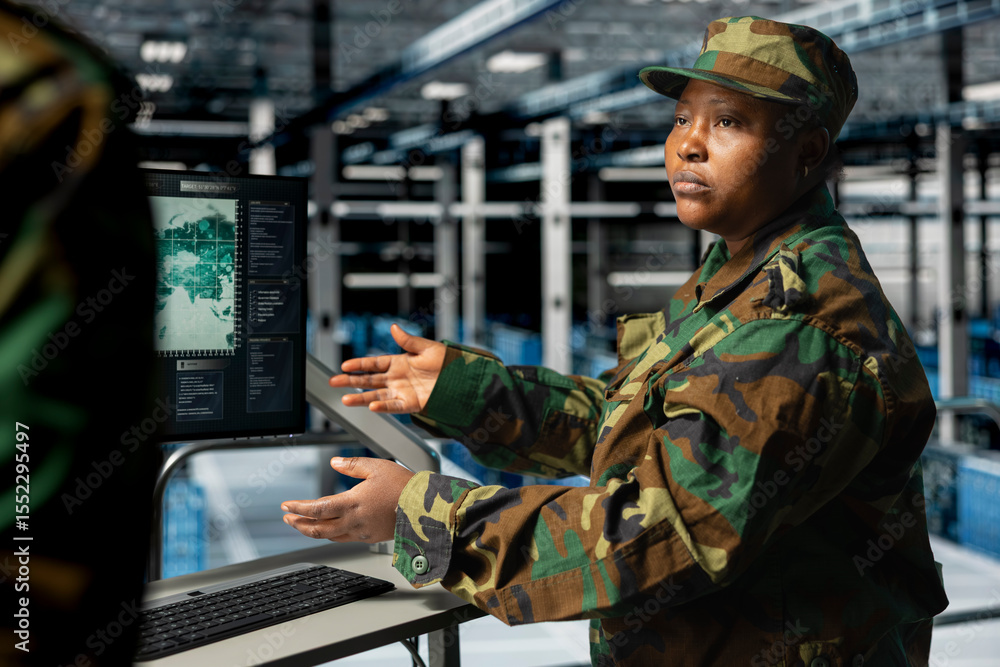 Poster army tech specialist in data center and coworker at workstation troubleshooting military computer sy