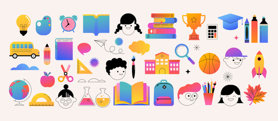 Back to school, education, children and school supplies icons set