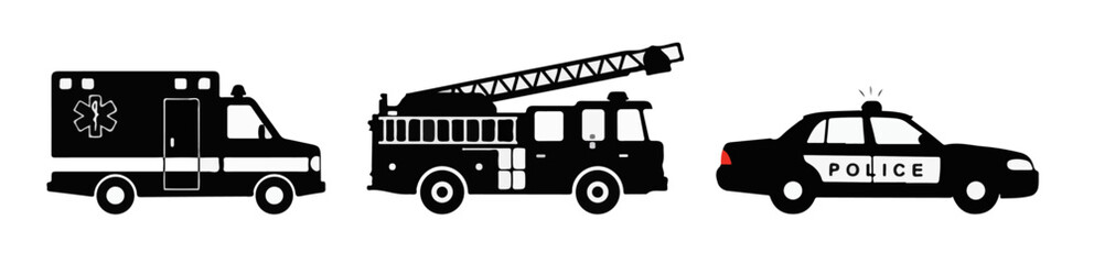 Emergency vehicles show a black and white cartoon ambulance, fire truck, and police car.