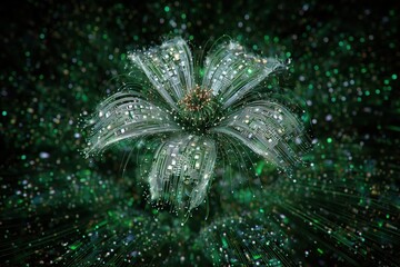 Mechanical flower with silver petals and glowing green circuits
