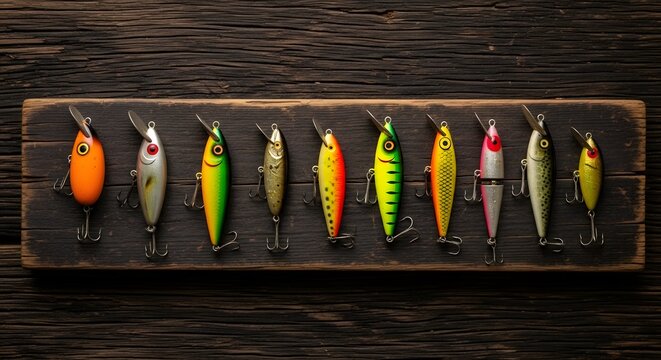 Fishing Lures Collection: Colorful Baits on Rustic Wood for Angling Adventures and Outdoor Enthusiasts, Ideal for Tackle Shops and Fishing Gear Ads