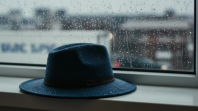Blue Fedora Hat With Water Droplets on White Sill in Rainy Day Lighting