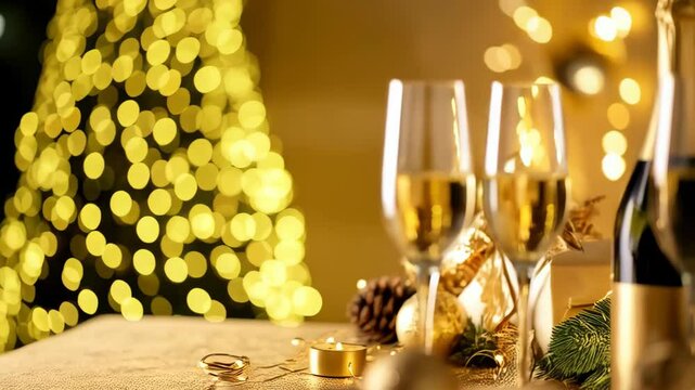 Festive golden table setting with champagne flutes, bottle, and Christmas decor against a sparkling light backdrop.