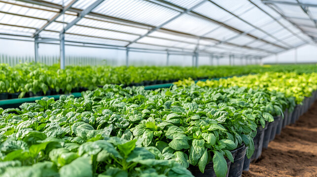 Greenhouse full of crops, neatly arranged in rows, showcasing agriculture and plant cultivation under a translucent roof.
