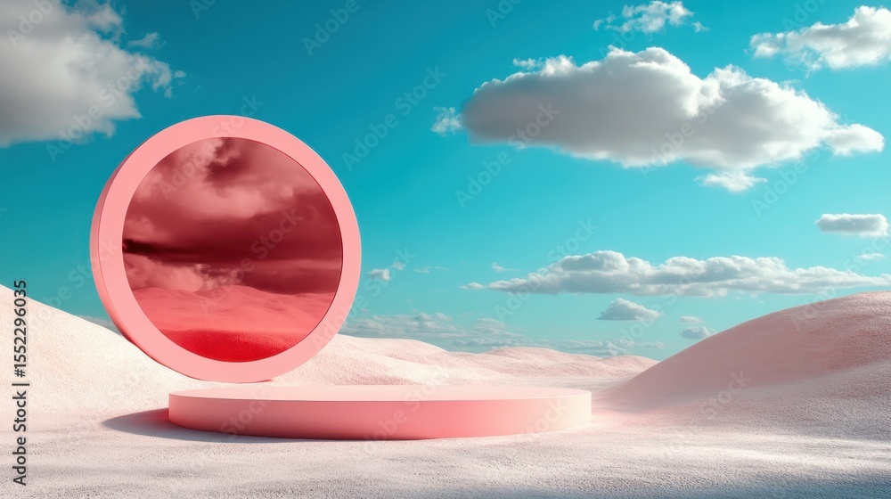 Poster a creative composition featuring a pink circular mirror set against a surreal landscape, reflecting 