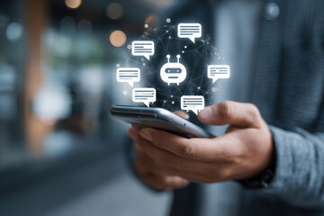 Digital chatbots on smartphones access data and information in online networks. Robot Applications and Global Connectivity AI Artificial Intelligence innovation and technology