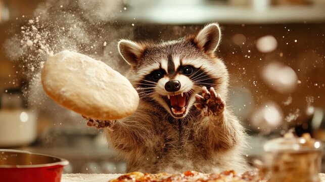 A playful raccoon dressed as a chef throws pizza dough in the air, capturing a whimsical and fun atmosphere in a cozy kitchen setting, full of creativity and joy.
