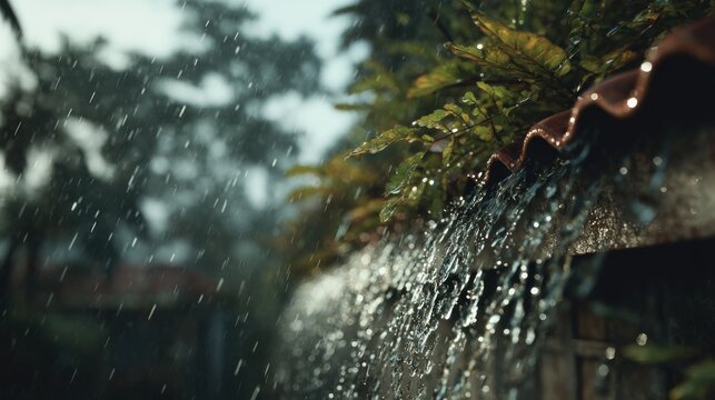 Rainy Day Reflections: Ferns and Water Cascades on a Tiled Roof Texture - Powered by Adobe