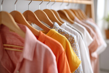 High-quality wardrobe displaying various stylish shirts in a well-lit closet