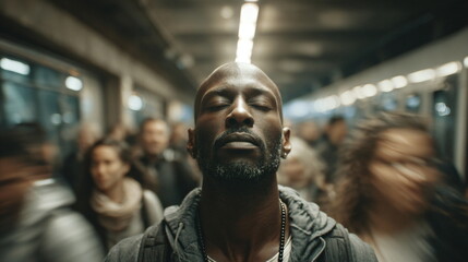 African american man meditates with closed eyes on subway. Peaceful mindfulness in busy crowd commuting to work footage.