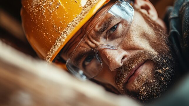 A determined craftsman with a safety helmet and goggles intensely engaged in woodworking, showcasing dedication and meticulousness in creating handcrafted projects in a workshop.