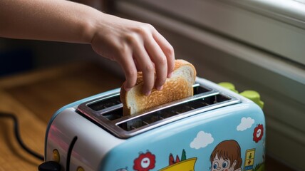 Child's hand toasting bread in colorful toaster by sunlit window