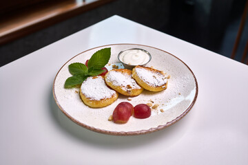 Cottage Cheese Pancakes with Cream and Grapes