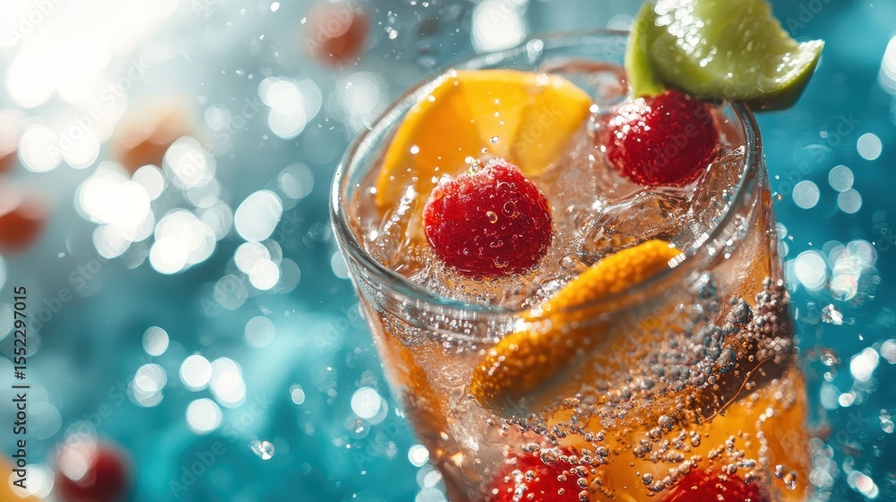 Poster this vibrant image showcases a refreshing beverage with fruits submerged in sparkling water, embodyi