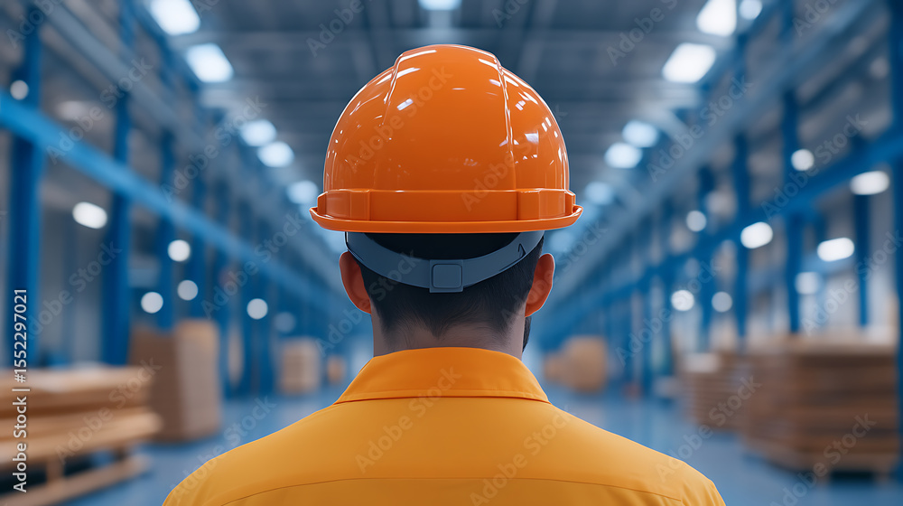 Poster worker in factory: person with orange safety helmet and attire stands in warehouse aisle with stacke