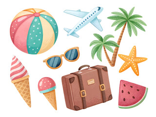 Watercolor summer vacation elements including beach ball airplane suitcase and ice cream cones