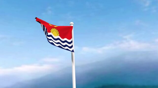4k Footage Kiribati flag in the wind, blue sky with a cinematic view, Kiribati Flag waving in the wind with a drone shot sky background. It's the Perfect Loop national holiday and independence day