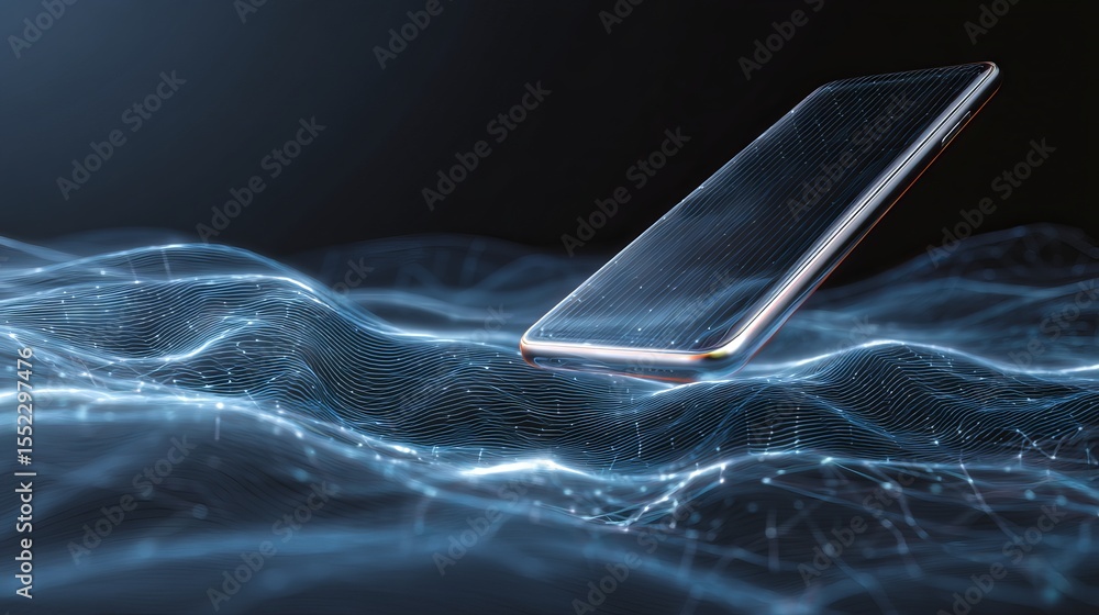 Poster futuristic smartphone on abstract digital wave background modern technology mobile device elegant de